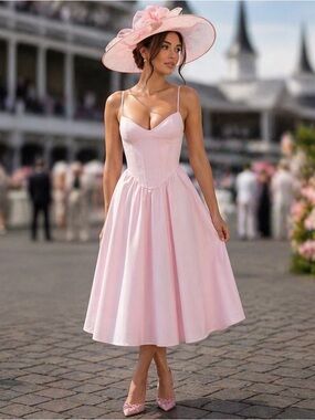 BabyBoo Pink Corset Midi Dress Lace Up Back Sweetheart Pleated A-Line M
